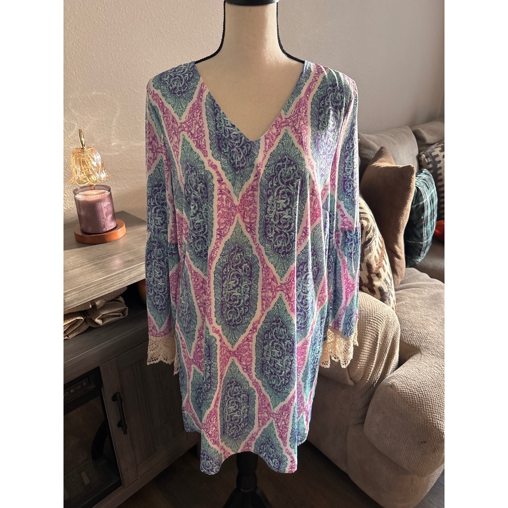 Peach Love California boutique NWT women's large dress purple blue flare sleeves
